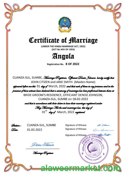 Angola marriage certificate Word and PDF template